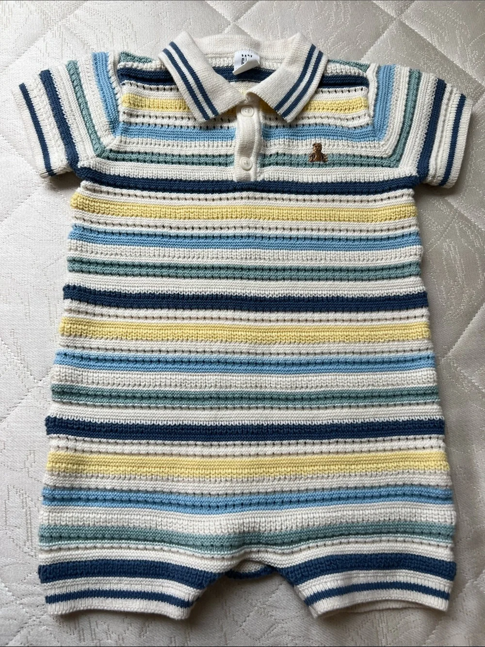 Baby Gap 18-24 mos Striped Knit Polo Romper in Blue, Yellow & Cream soft Knit